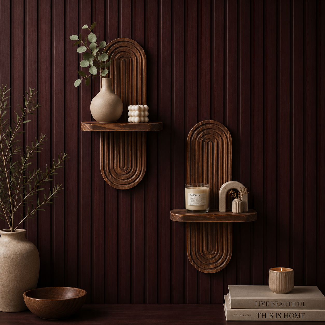 DEVULE™ ArchedAura Wooden Wall Shelf