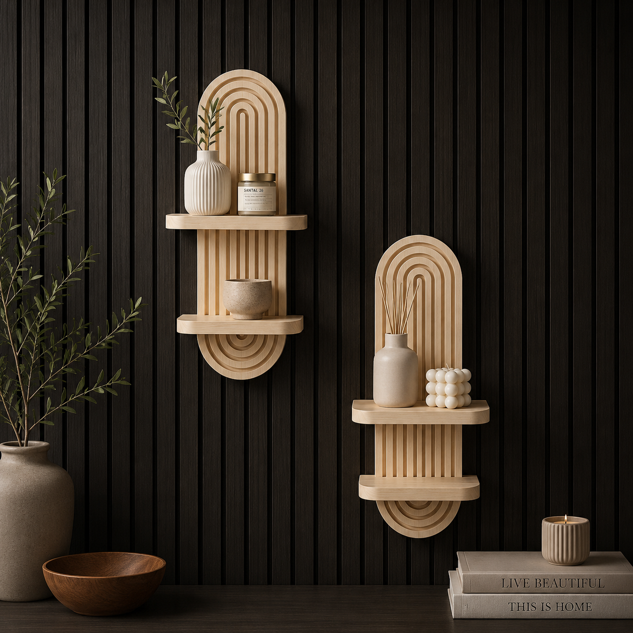 DEVULE™ ArchedAura Wooden Wall Shelf