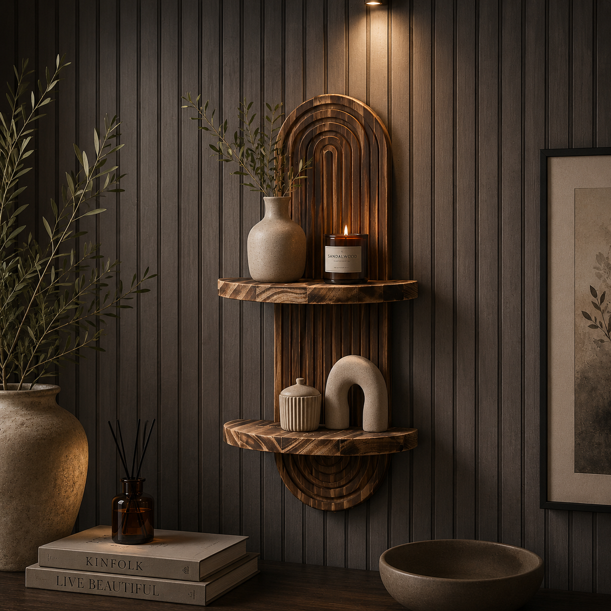 DEVULE™ ArchedAura Wooden Wall Shelf