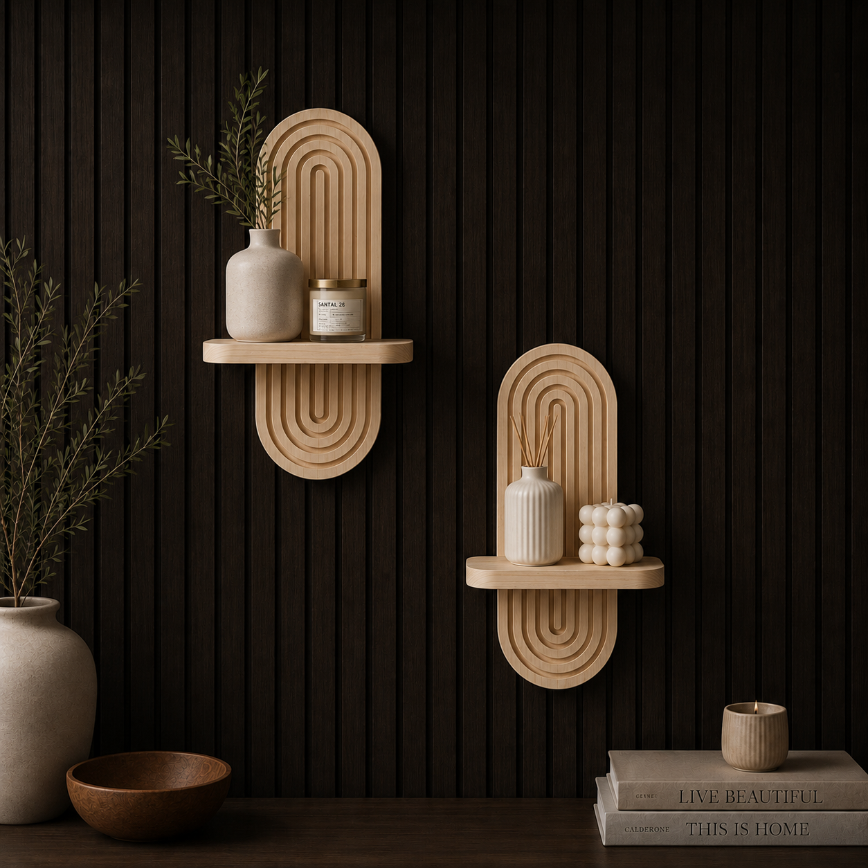 DEVULE™ ArchedAura Wooden Wall Shelf